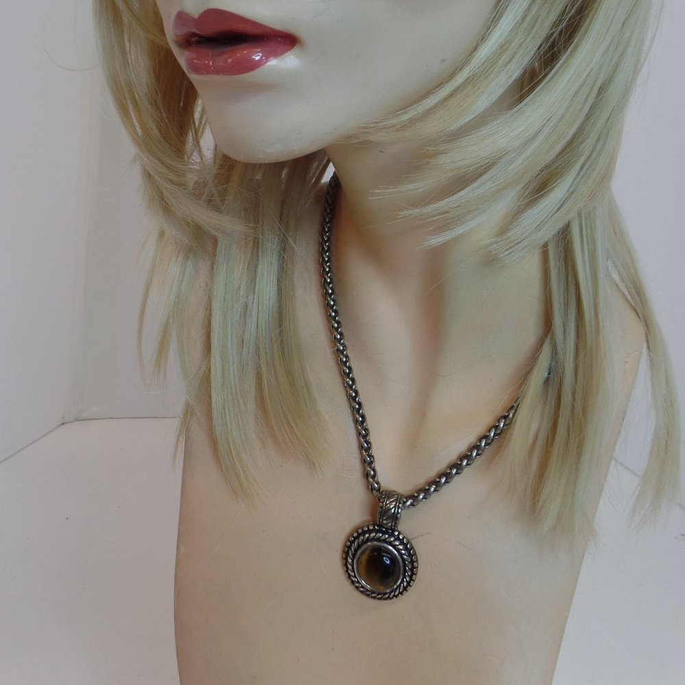 Premier Designs PD (stamped) Silvertone Necklace W Faux Tigers Eye Pendant 20"